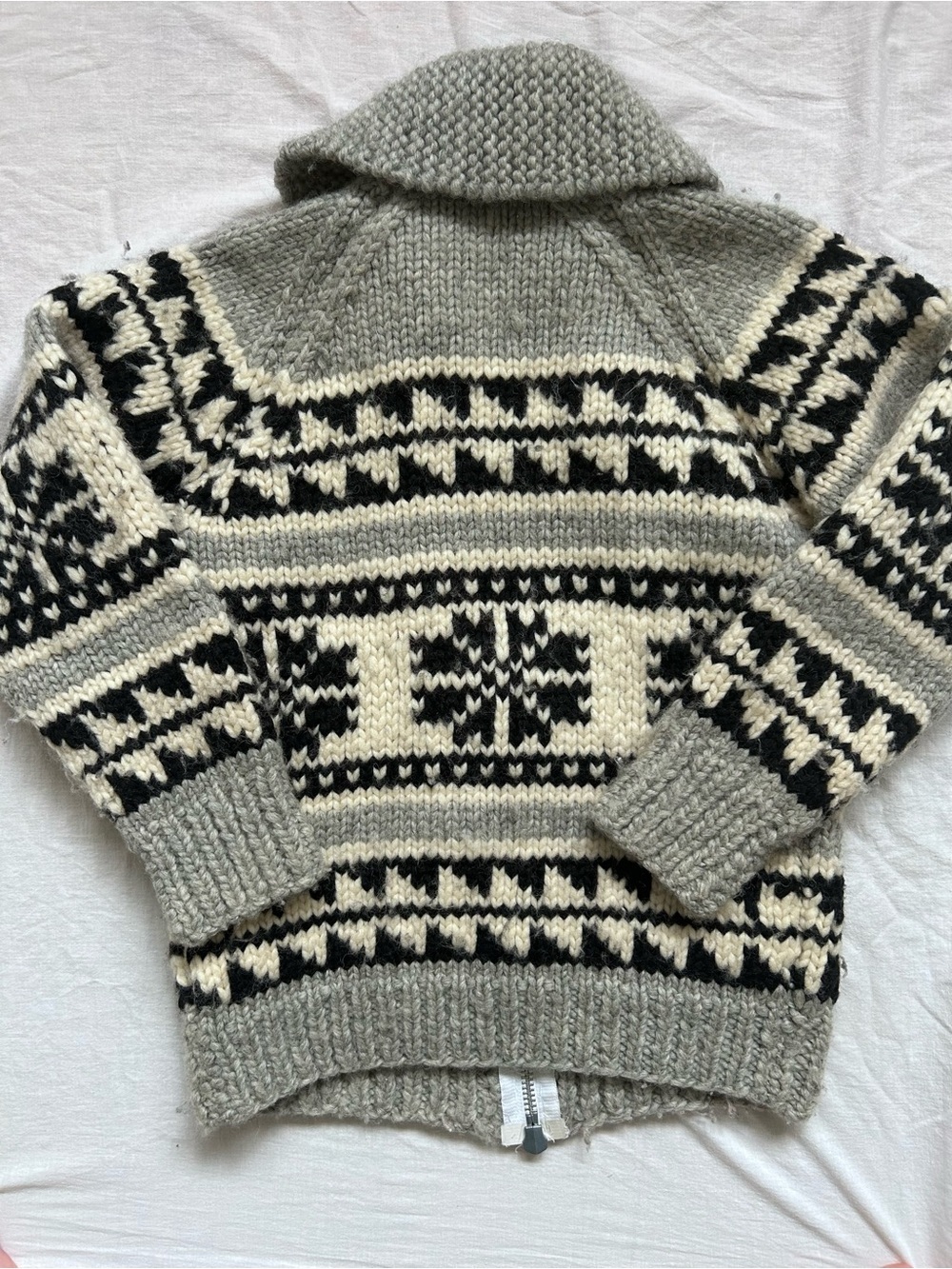 Cowichan Chunky Nordic Zip-Up Cardigan Sweater - Gray, Cream & Black - Picture 4 of 4